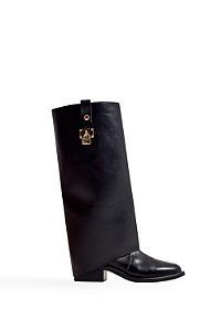 SABINE - BOTA FEMININA 2 EM 1 SALTO BAIXO CANO LONGO CADEADO PRETA