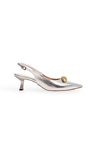PAULA - SCARPIN SLINGBACK FEMININA BICO FINO SALTO KITTEN HEELS PRATA COM DOURADO
