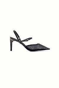 SASKIA - SCARPIN FEMININO BICO FINO SALTO ALTO SLINGBACK TELA PRETO