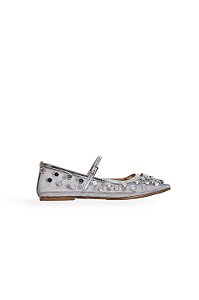 PRÉ VENDA | BLAIR - SAPATILHA FEMININA BICO QUADRADO TELA APLICAÇÕES PRATA