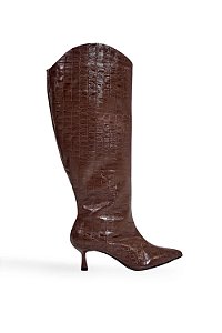 IANCA - BOTA FEMININA SALTO BAIXO CANO LONGO COURO CROCO MARROM