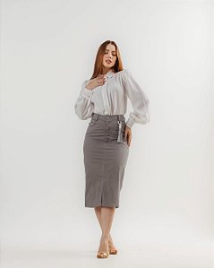 Saia Midi Jeans Cinza com Botões Frontais
