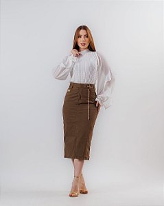 Saia Midi Marrom com Corrente Dourada