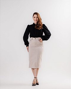 Saia Midi Sarja Bege com Aplicações Brilho e Fenda Frontal