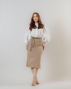 Saia Midi Modesta Bege Cinto Decorativo