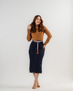 Saia Jeans Midi Moda Evangélica Grace com Cinto
