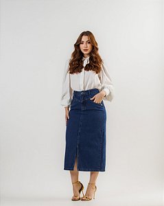 Saia Jeans Midi 100% Algodão com Fenda Frontal e Cintura Alta