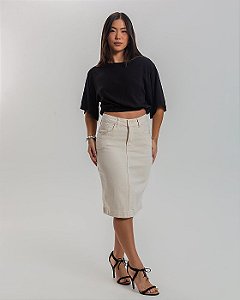 Saia Jeans Off White Midi Black Jeans Cintura Alta Modelagem Clássica