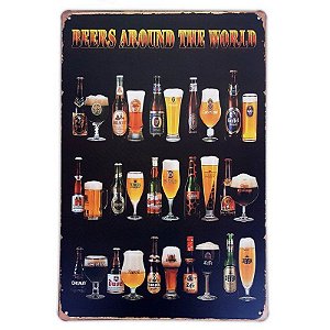 Placa de metal decorativa Retrô Beers Around the World