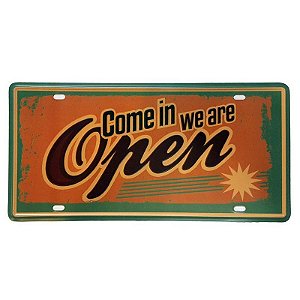 Placa de Metal Decorativa Come in we are Open - 30,5 x 15,5 cm