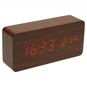 Relógio Despertador Madeira LED com Temperatura