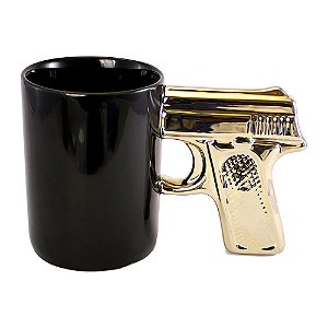 Caneca Revolver Pistola Glock - preta com alça dourada
