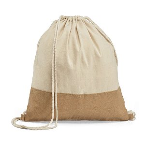 Sacola tipo mochila 100% algodão: 160 g/m² Detalhe em juta Alças em algodão de 65 cm