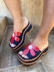 Sandália Flatform Jeans e Couro Detalhe em Flor