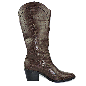 Bota Croco Rodeio Country Cano Alto Bico Fino Café