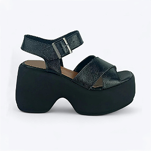 Sandália Plataforma Ingrid Tiras Cruzadas Couro Preto