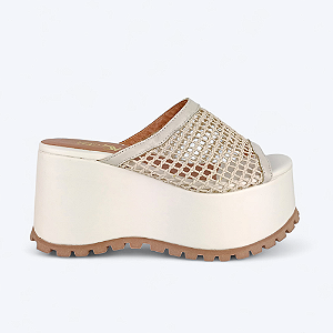 Tamanco Plataforma em Tela Lívia em Couro Off White