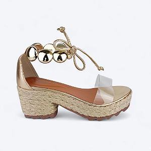 Sandália Bloquinho Vinil Salto Corda Bola Dourada