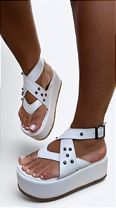 Sandália de Dedo Flatform Camila em Couro Branco