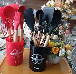 Jogo de utensílios com 7 peças,  medeira com silicone