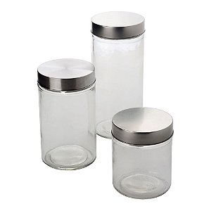 Jogo de 3 porta mantimentos redondos em vidro liso com tampa cor de prata 650ml/1L/1,25L