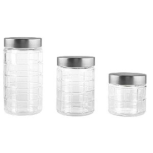 Jogo de 3 porta mantimentos redondos em vidro com tampa cor de prata 880ml/1,2L/1,7L transparente