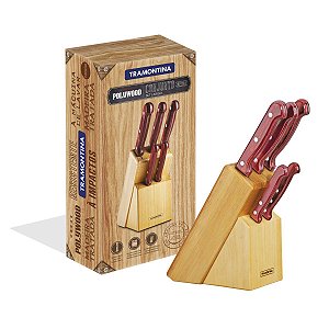 Jogo de Facas Tramontina Polywood com Lâminas em Aço Inox e Cabos de Madeira Vermelho com Suporte de Madeira 6 Peças