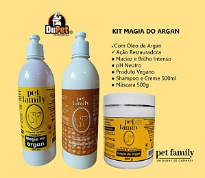 MAGIA DO ARGAN - Shampoo + Condicionador + Máscara Hidratação e Restauração Pet Family
