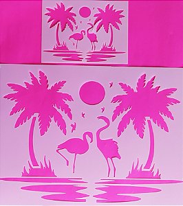 SRA-1384 - STENCIL PARA TAPETES E TOALHAS  - PAISAGEM FLAMINGOS