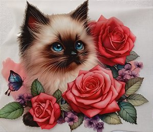 ADR-087 - GATO COM ROSAS  - ADESIVO DTF