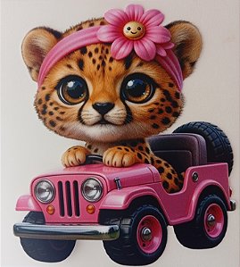 ADR-225 - ONCINHA NO CARRINHO ROSA - ADESIVO DTF TÊXTIL INFANTIL