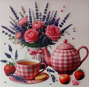 ADR-249 - BULE E XICARA XADREZ COM ROSA E LAVANDAS ESPECIAL - ADESIVOS DTF