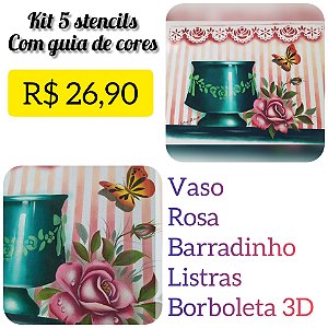 SRA-578 KIT 5 STENCILS PINTURA VASO COM ROSAS E LAÇOS