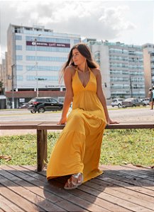 Vestido Longo Com Babado Vitória Amarelo