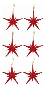 Kit 6 Estrelas Pendente Glitter Vermelha Para Árvore Natal