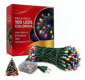 Pisca Pisca Colorido Cordão 100 Lâmpadas 127v Led 8 Funções 10m