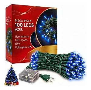 Pisca Pisca Azul Cordão 100 Lâmpadas 127v Led 8 Funções 10m