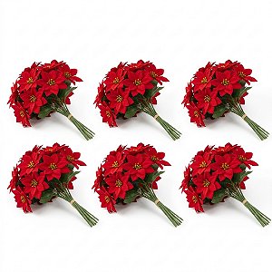 Kit 6 Buquê Flor De Natal Vermelha Bico De Papagaio Simples 30 Cm