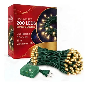 Pisca Pisca Warm Amarelo Branco Quente Cordão 200 Lâmpadas 127v Led 8 Funções 15m