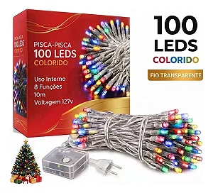Pisca Pisca Fio Transparente 100 Lâmpadas Led 127v 10m Colorido 8 Funções