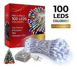 Pisca Fio Transparente 100 Lâmpadas 8 F Led 127v 10m Branco Frio Natal