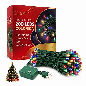 Pisca Colorido Fio Verde 200 Lâmpadas 8 Funções Led 127v 15m