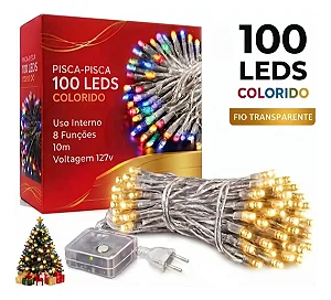 Pisca Fio Transparente 100 Lâmpadas Led 127v 10m Amarelo Branco Quente Warm