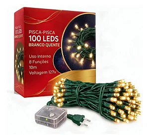 Pisca Cordão 100 Lâmpadas 127 Led 8 Funções 10m Cor Amarelo Warm Branco Quente