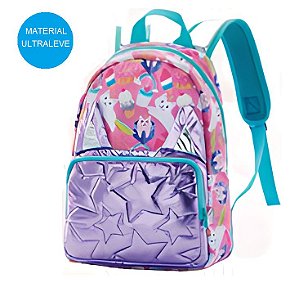 Mochila Escolar Infantil Gatinho Colorido Arco-íris Roxo Metalizado Ultraleve