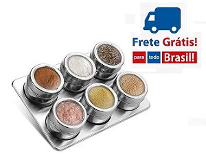 Suporte Com 6 Porta Condimento Tempero Aço Inox Magnético Com Imã FRETE GRÁTIS