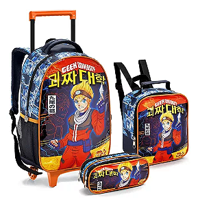 Kit Mochila Rodinha Ninja Geek Lancheira Estojo Menino