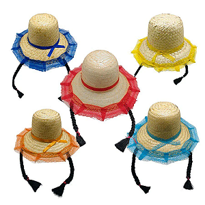 Chapéu caipira com tranças renda menina cores sortidas festa junina