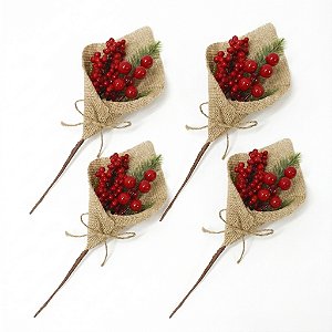 Kit 4 Pick Natalino Flor Natal Azevinho Vermelho Juta 26cm