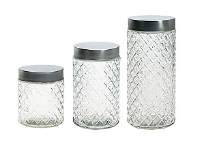 Kit 3 Potes De Vidro Diamond Com Tampa De Inox Moderno Splendo